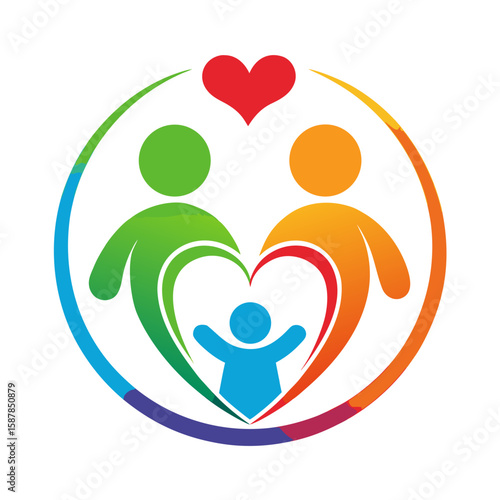Colorful family logo icon with heart and child inside a circle of love and care