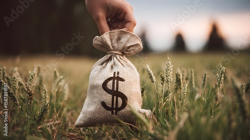 hand holding a money bag with a dollar sign in a farm field, symbolizing farm finance and investment	