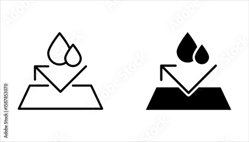 Waterproof icon set. Collection of water resistant signs, liquid proof protection. Shield with water drop. Anti wetting material, hydrophobic fabric, surface protection,  vector illustration on white 