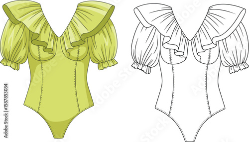 Trendy Women's Ruffled V-Neck Bodysuit with Voluminous Puffed Sleeves, Fashion Apparel Template, Editable Vector Illustration for Clothing Brands, Modern Style Design.