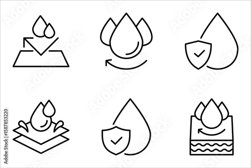 Waterproof icon set. Collection of water resistant signs, liquid proof protection. Shield with water drop. Anti wetting material, hydrophobic fabric, surface protection,  vector illustration on white 