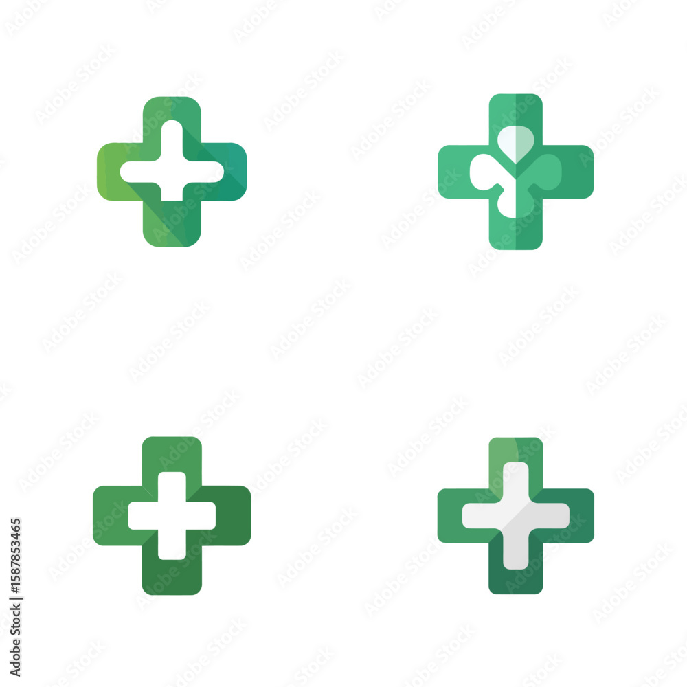 Obraz premium Four Green Gradient Plus Sign Icons Set Medical Cross Symbols Healthcare App Interface Design Elements Flat Style Vector Illustration Pack 14