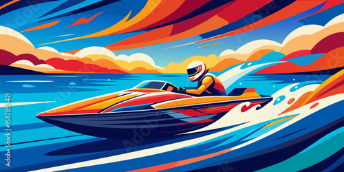 Vibrant Speedboat Racing Across the Water with Colorful Sky and Clouds in an Abstract Style Illustration