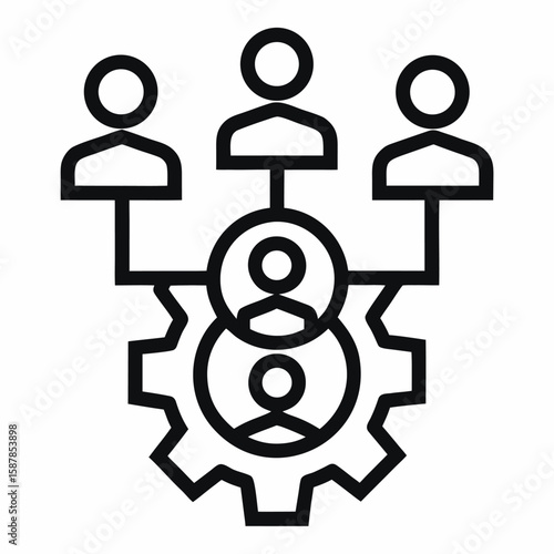 Teamwork and Collaboration Icon Showing People Connected to a Gear for Process Management