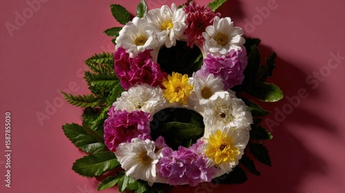 Floral arrangement shaped like the number eight, featuring colorful flowers and green leaves on a pink background.