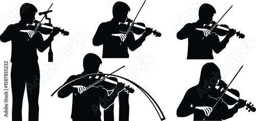 Vector art of a series of violinists in silhouette demonstrate various playing positions, showcasing the art of music.