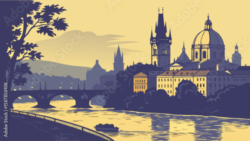 Prague cityscape illustration with river, bridge, and architecture travel destination scenic view in czech republic