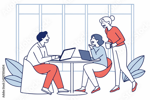 Creative team shares laughs while discussing ideas during an informal brainstorming session in modern flat illustration style.