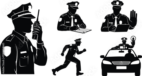Vector art of silhouettes of police officers in various poses 