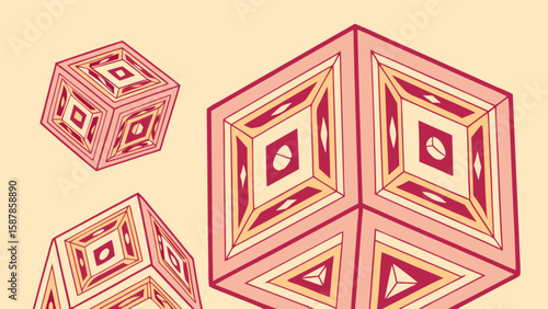 Geometric illusion art: floating pink cubes with intricate patterns and optical illusions design vector