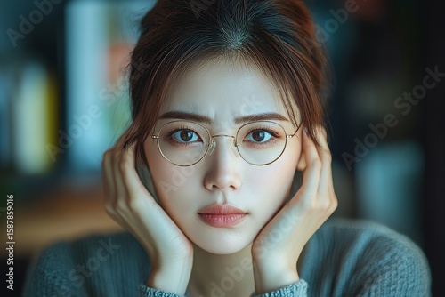 Young adult Asian woman has tired eyes after overworking, looking at the screen too much, Generative AI