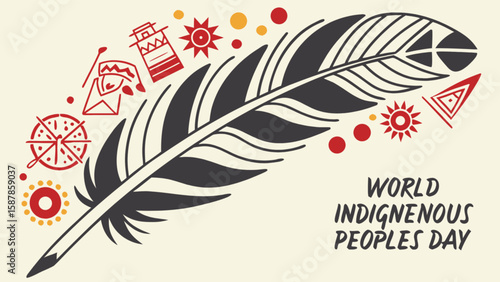 World indigenous peoples day vector art with feather and traditional symbols for celebration design element
