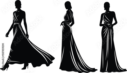 Vector art of elegant woman silhouettes in long dresses 