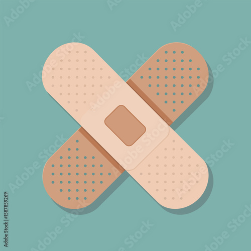 Two Beige and Brown Adhesive Bandages Crossed in an X Shape on a Teal Background Vector Style Illustration