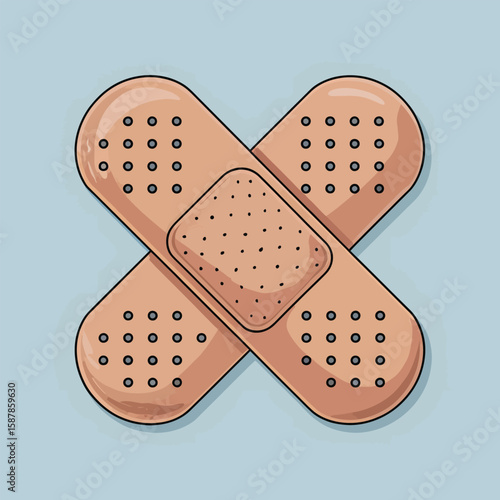 Two Peach Colored Adhesive Bandages Crossed in an X Shape Against a Light Blue Background Vector Style Illustration Featuring Small Dark Gray Dots and a Central Square Patch
