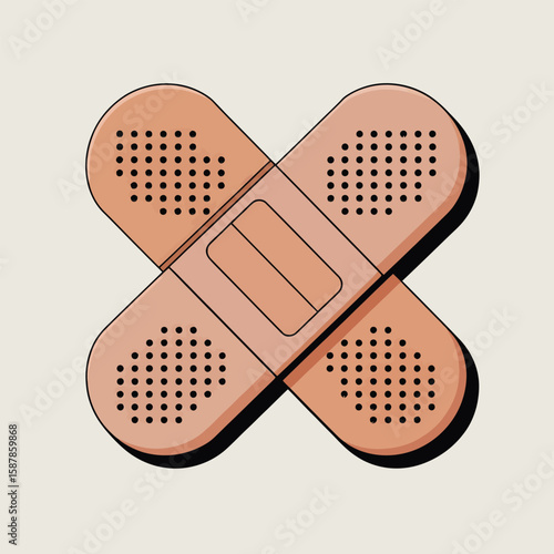 Two Peach Colored Adhesive Bandages Overlapping in an X Shape Vector Style Illustration Featuring Black Dotted Patterns and a Central Rectangular Section