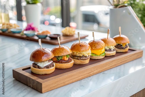 A vibrant display of gourmet mini burgers on a wooden platter in a modern dining setting