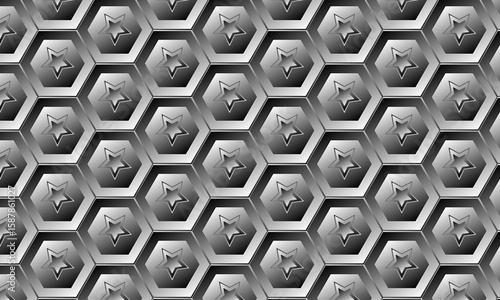 Abstract gradient pattern with silver-gray color for texture, infographic, media, seminar – Seamless 3D hexagonal shape pattern design with star – Futuristic design with geometric shape

