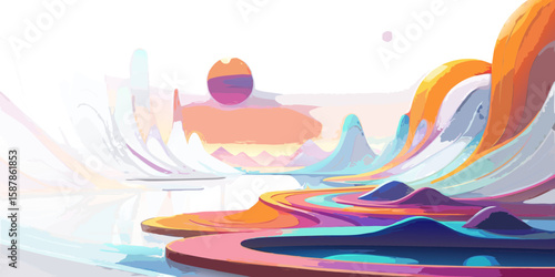 Colorful Abstract Landscape with Mountains Water and a Distant Sun