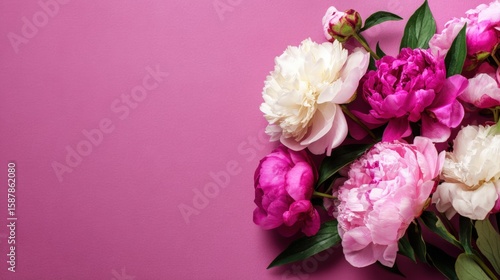 Vibrant pink and white peonies with green leaves on a pink background, creating a fresh and elegant floral arrangement.