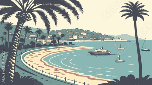 Coastal paradise illustration of beach with palm trees yacht and sailboats vacation travel destination scene