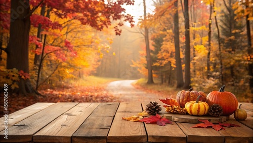 Autumn harvest display on a wooden table with a forest road background