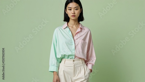 Asian model, pastel loose-fit shirt, high-waist trousers, standing with neutral expression, pastel green background.