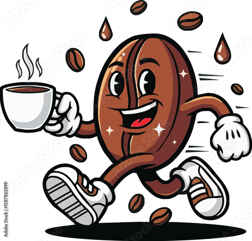 Cartoon coffee bean character running with a cup of coffee, surrounded by coffee beans and steam.