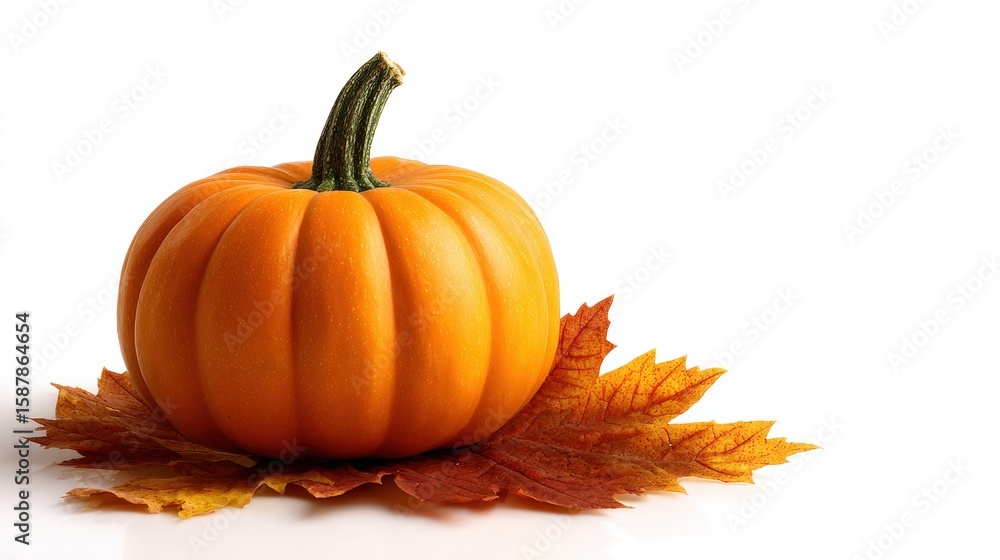 A bright orange pumpkin rests on a bed of vibrant autumn leaves against a white background, symbolizing fall and harvest season. A bright orange pumpkin rests on a bed of vibrant autumn leaves against a white background, symbolizing fall and harvest season.