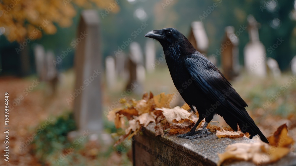 Fototapeta premium A black crow perched on a tombstone in a cemetery surrounded by autumn leaves and blurred gravestones in the background.