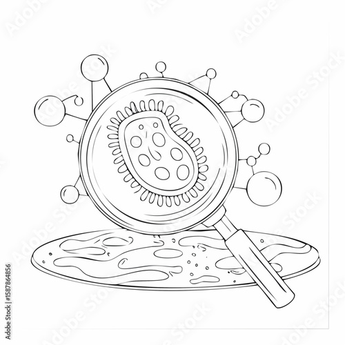Close-up of a germ enlarged under magnification, showing cellular shape and membrane outline in vector style.