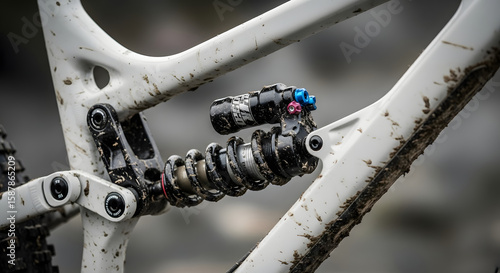 Close-up of a muddy mountain bike suspension system.