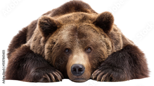 Bear laying down peacefully with paws crossed isolated on a Transparent background, PNG file.