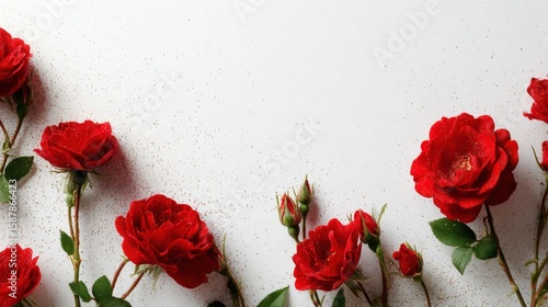 Red roses with dewdrops arranged on a white textured background, creating a romantic and elegant floral composition.