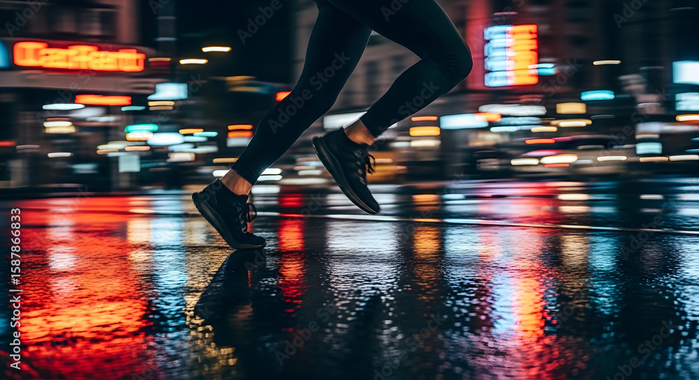 Fototapeta premium Person running on a rainy street illuminated by city lights.