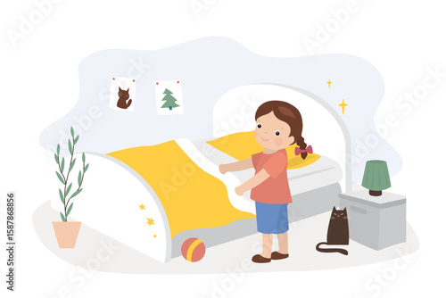 Cartoon of little girl making the bed. Kids doing housework chores at home concept. House work, Happy child helper. Room interior, indoor.