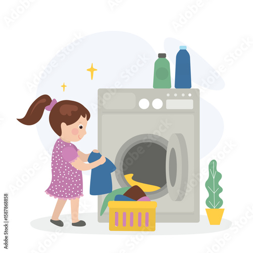 Happy cute kid do laundry with washing machine. Beauty little girl helps mother wash her clothes