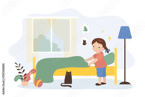 Cartoon of little girl making the bed. Kids doing housework chores at home concept. House work, Happy child helper. Room interior, indoor.