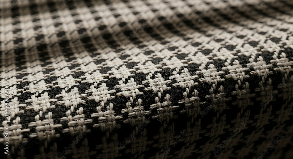 Obraz premium Close-up of a textured houndstooth fabric with a black and white pattern, showing the weave and folds of the material.