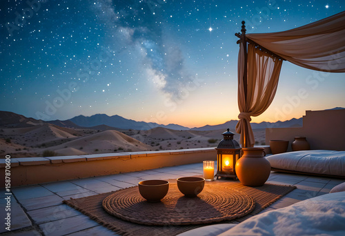 Arabian nights scene with cozy outdoor lounge under the stars in a desert landscape, creating a dreamy and relaxing atmosphere.