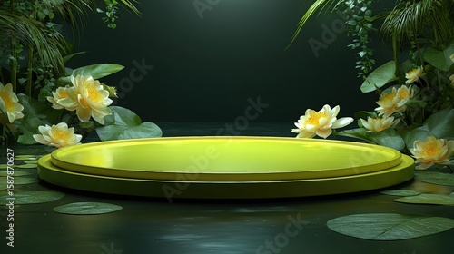 A vibrant green platform surrounded by lush foliage and blooming water lilies, set against a dark, serene background.