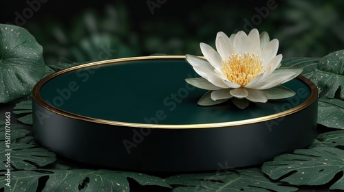 Elegant white lotus on a round, dark green platform with gold trim, surrounded by lush green leaves on a dark background.