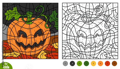 Color by number page for kids with cartoon Halloween pumpkin with carved face on garden patch. Fun and educational activity game for preschool and kindergarten children