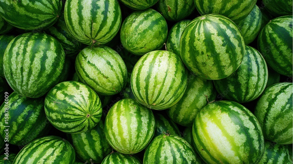 A vibrant pile of fresh green watermelons with striped patterns, showcasing a summer harvest and abundance of juicy fruit. A vibrant pile of fresh green watermelons with striped patterns, showcasing a summer harvest and abundance of juicy fruit.