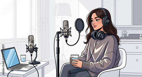 Young woman recording a podcast in a home studio, holding a glass of water.
