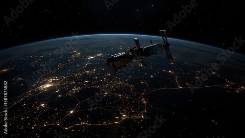 Spacecraft Flying Over City Lights