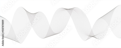 Minimalist abstract wave design consisting of smooth, flowing white and gray lines on a white background.Parallel elliptical lines forming with wave rhythm, harmonious and flowing...