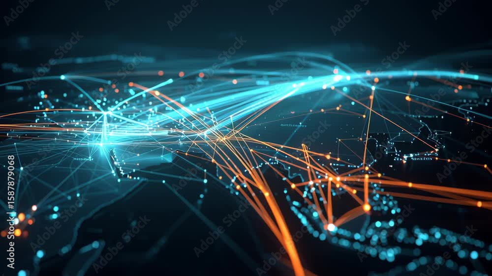 Digital network connections and supply chain analytics visualize global data flow and technology driven connections across continents with advanced