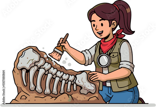 A woman carefully brushes dirt from a dinosaur fossil, revealing the bones.