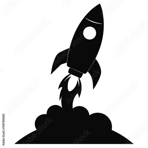 Black silhouette of a rocket blasting off isolated on white background
